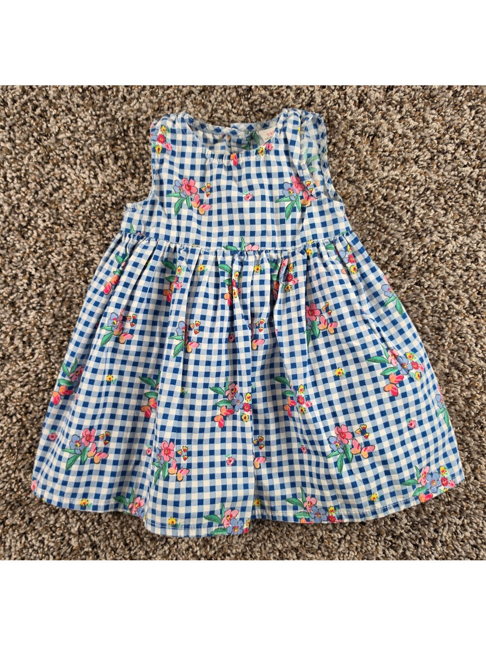 Vintage LC Waikiki Baby Girls Sz 9-12M Gingham Dress Blue Pink Floral Sleeveless